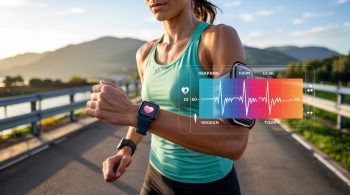 „Eine sportliche Person (ca. 30–50 Jahre) beim Ausdauertraining (Joggen oder Radfahren), Blick auf eine Smartwatch mit sichtbarer Herzfrequenzanzeige. Im Bild sind dezente, halbtransparente Overlays eingeblendet: Herzsymbol, Pulswellen, Trainingszonen (z. B. farblich markiert von blau bis rot). Die Szene wirkt aktiv, kontrolliert und bewusst gesteuert. Hintergrund leicht unscharf, Fokus klar auf Person und Pulsdaten. Stil: fotorealistisch, modern, klare Farben, dynamisch.“
