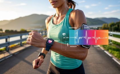 „Eine sportliche Person (ca. 30–50 Jahre) beim Ausdauertraining (Joggen oder Radfahren), Blick auf eine Smartwatch mit sichtbarer Herzfrequenzanzeige. Im Bild sind dezente, halbtransparente Overlays eingeblendet: Herzsymbol, Pulswellen, Trainingszonen (z. B. farblich markiert von blau bis rot). Die Szene wirkt aktiv, kontrolliert und bewusst gesteuert. Hintergrund leicht unscharf, Fokus klar auf Person und Pulsdaten. Stil: fotorealistisch, modern, klare Farben, dynamisch.“