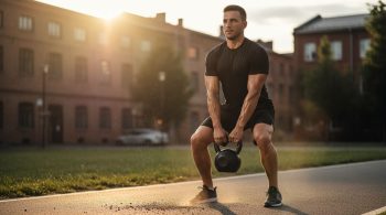 Mann kombiniert Sprint und Kettlebell-Training im Outdoor-Workout bei Sonnenuntergang