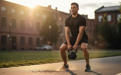 Mann kombiniert Sprint und Kettlebell-Training im Outdoor-Workout bei Sonnenuntergang