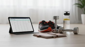Trainingsplan mit Hanteln und Laufschuhen symbolisiert strukturiertes Hybrid-Training - Hybrid-Training 2026: Muskelaufbau und Kondition in einem Plan