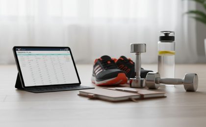 Trainingsplan mit Hanteln und Laufschuhen symbolisiert strukturiertes Hybrid-Training - Hybrid-Training 2026: Muskelaufbau und Kondition in einem Plan