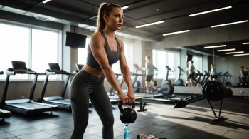 Athletische Frau trainiert Kraft und Ausdauer im Fitnessstudio mit fokussierter Haltung - Hybrid-Training 2026: Muskelaufbau und Kondition in einem Plan - Fitnessplan erstellen: So planst du Training richtig