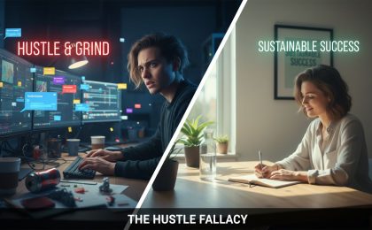Hustle Culture im Vergleich: Burnout links, gesunder Erfolg rechts