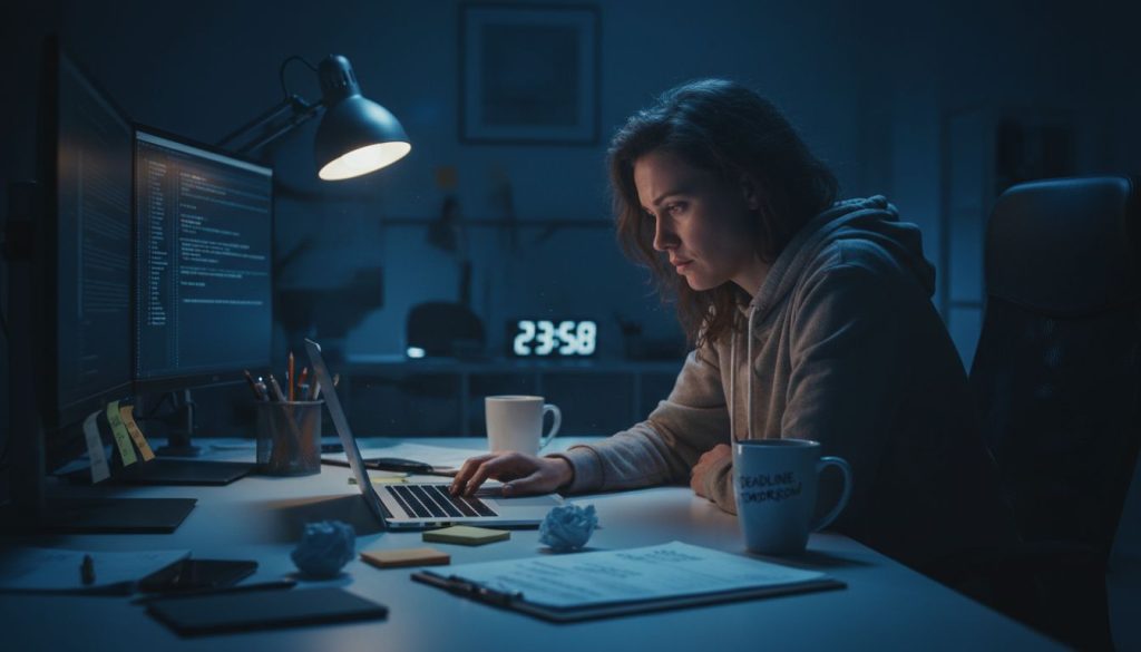 Hustle Culture am Schreibtisch mit Erschöpfung und Dauerstress