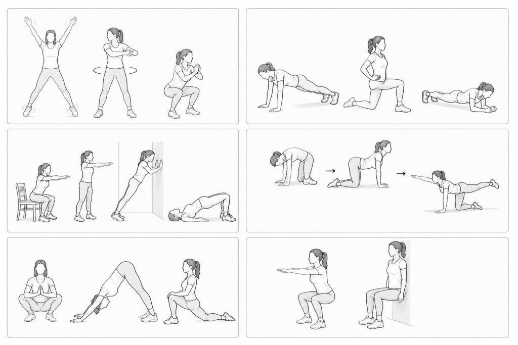 Skizzen-Collage mit 6 Home-Workout-Übungen ohne Geräte, ausgeführt von einer Frau