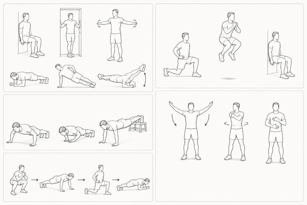 Skizzen-Collage mit 6 Home-Workout-Übungen ohne Geräte, ausgeführt von einem Mann
