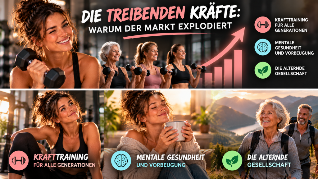 Infografik zum Wachstum des Fitness- und Gesundheitsmarktes: Frauen verschiedener Generationen beim Krafttraining, eine entspannte Frau mit Teetasse und ein aktives älteres Paar beim Wandern. Ein steigender Pfeil verdeutlicht die Marktentwicklung. Die drei Wachstumstreiber sind Krafttraining, mentale Gesundheit und die alternde Gesellschaft.