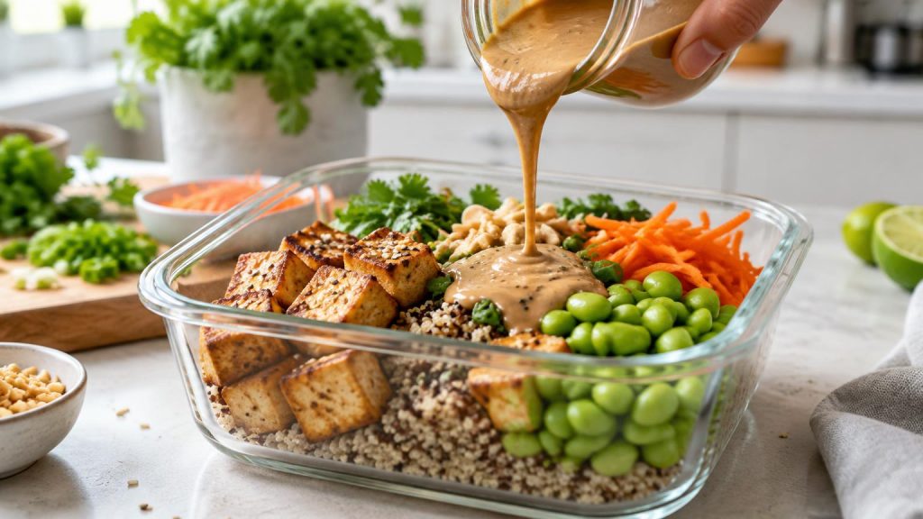 Vegane Tofu-Schüssel mit Quinoa, Edamame und Erdnusssoße - Proteinreiche Meal-Prep-Rezepte für den stressigen Alltag: 5 einfache Gerichte zum Vorkochen
