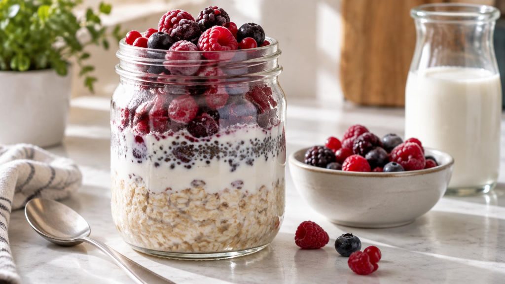 Overnight Oats mit Quark und Beeren als proteinreiches Frühstück - Proteinreiche Meal-Prep-Rezepte für den stressigen Alltag: 5 einfache Gerichte zum Vorkochen